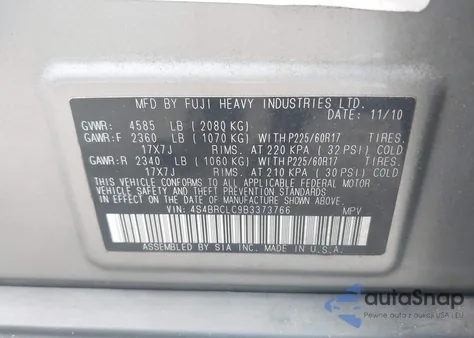 2011 Subaru Outback 2.5I Limited from USA, damaged, VIN 4S4BRCLC9B3373766